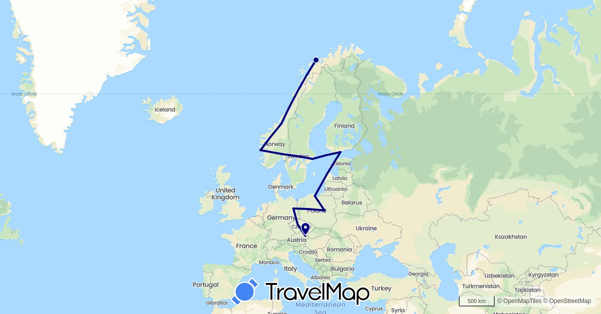 TravelMap itinerary: driving in Austria, Czech Republic, Germany, Finland, Norway, Poland, Sweden (Europe)